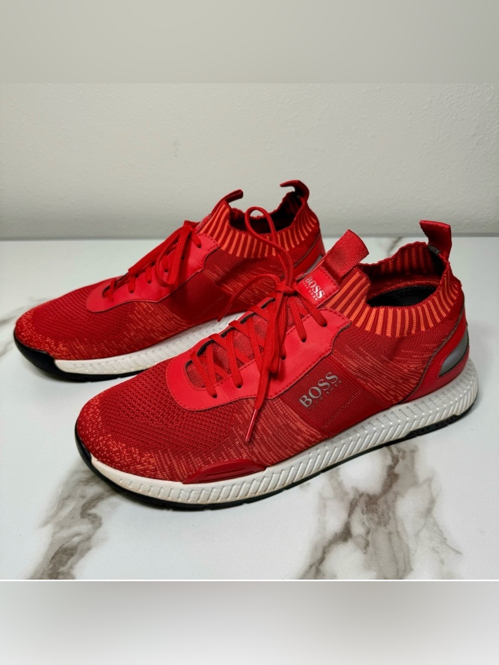 Hugo Boss Titanium Run Retro Trainers Red Orange Knit Mesh Men’s Sneakers, 10